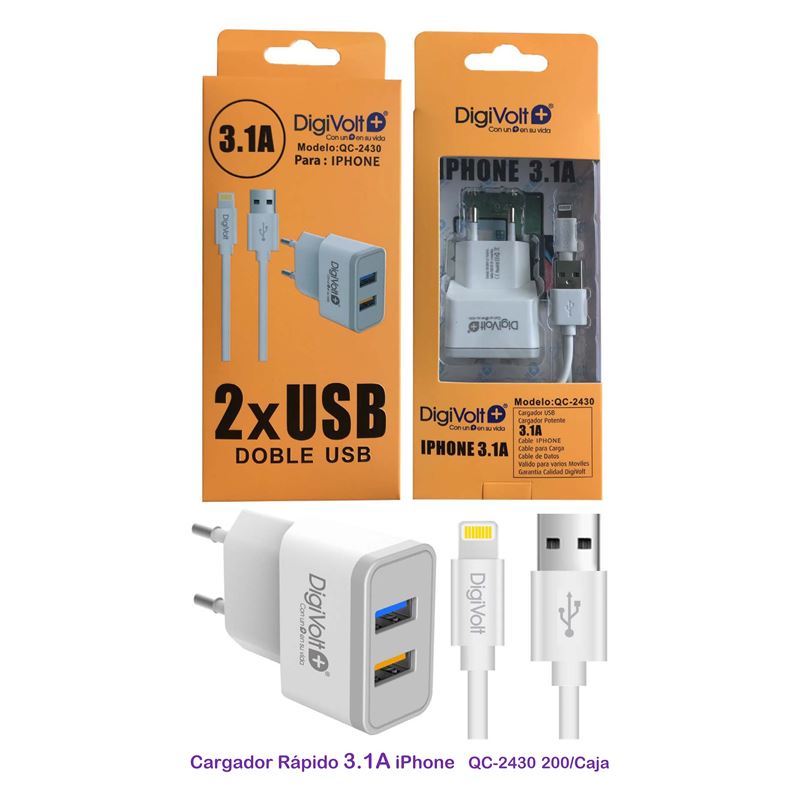 DIGIVOLT CARGADOR 3.1A QC-2430 2 USB CABLE LIGHTNING