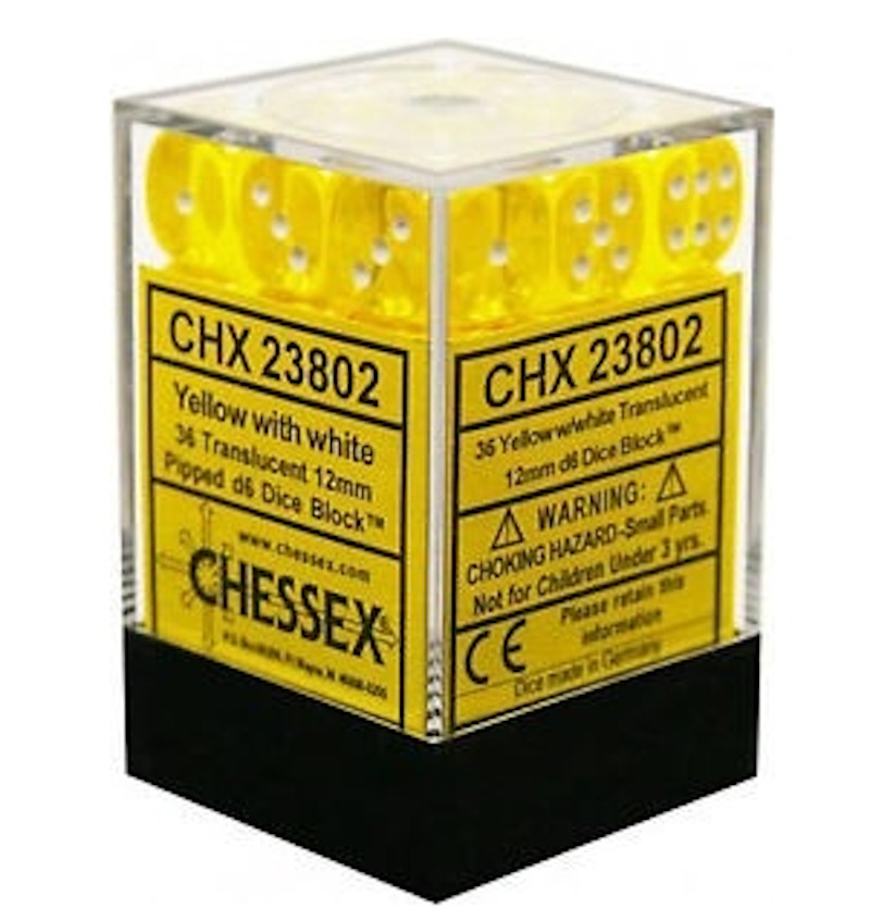 Dados de 6 caras Translucent Chessex. Amarillo / Blanco D6 - Bloque de 36